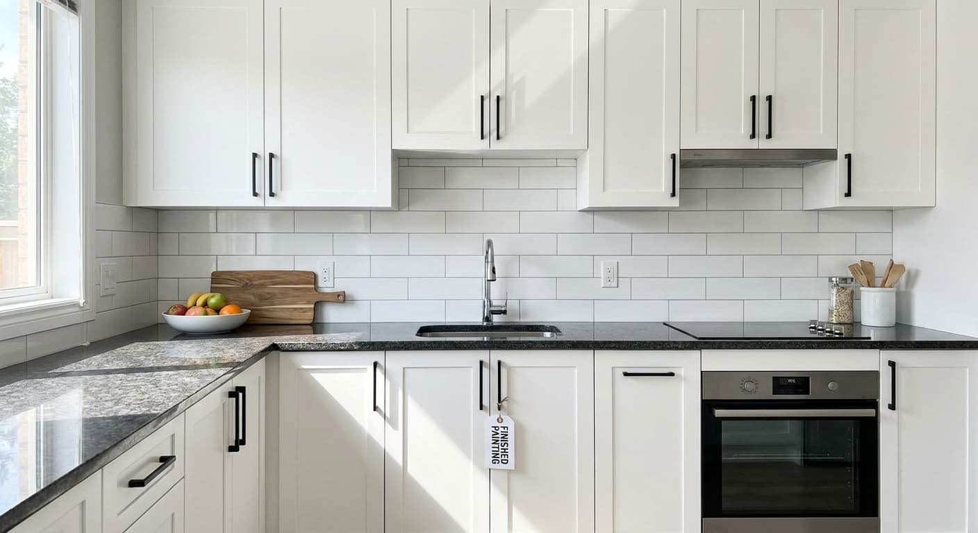 Finished modern kitchen with crisp white painted cabinets and subway tile