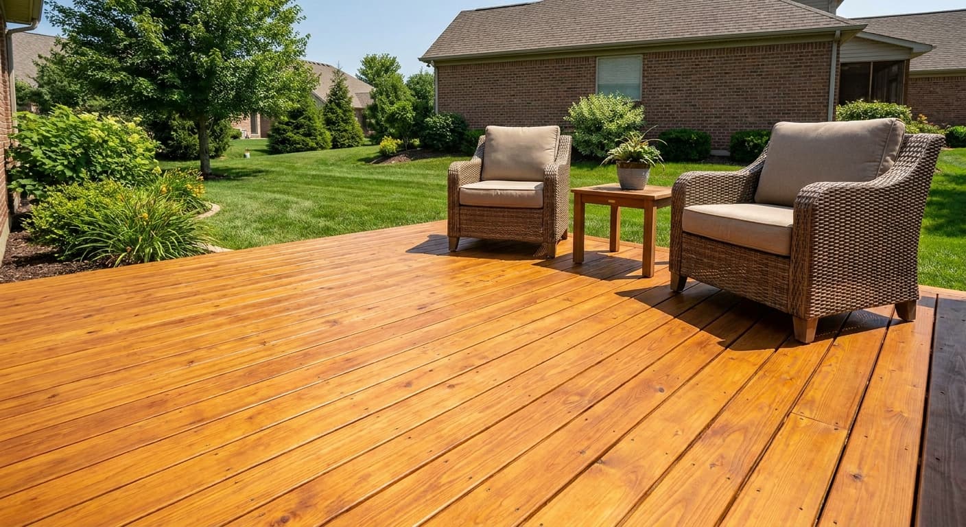 Finished richly stained backyard wood deck with warm even tone
