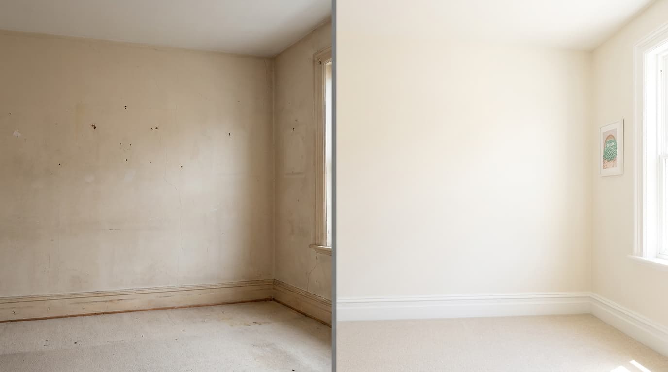 Living room wall before and after interior painting in Jacksonville, FL